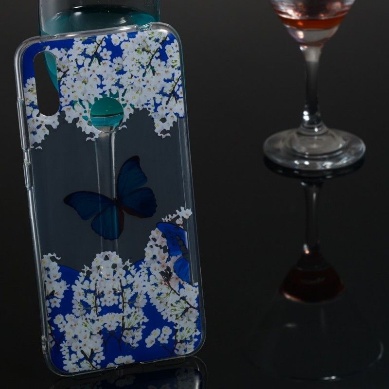 Hoesje Huawei Y7 2019 Blauwe Vlinder En Winterbloemen