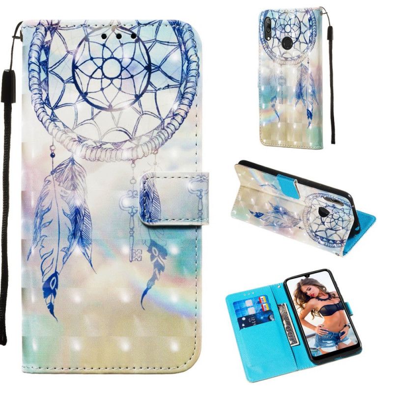 Leren Hoesje Huawei Y7 2019 Lichtblauw Dromenvanger Met 3D-Effect