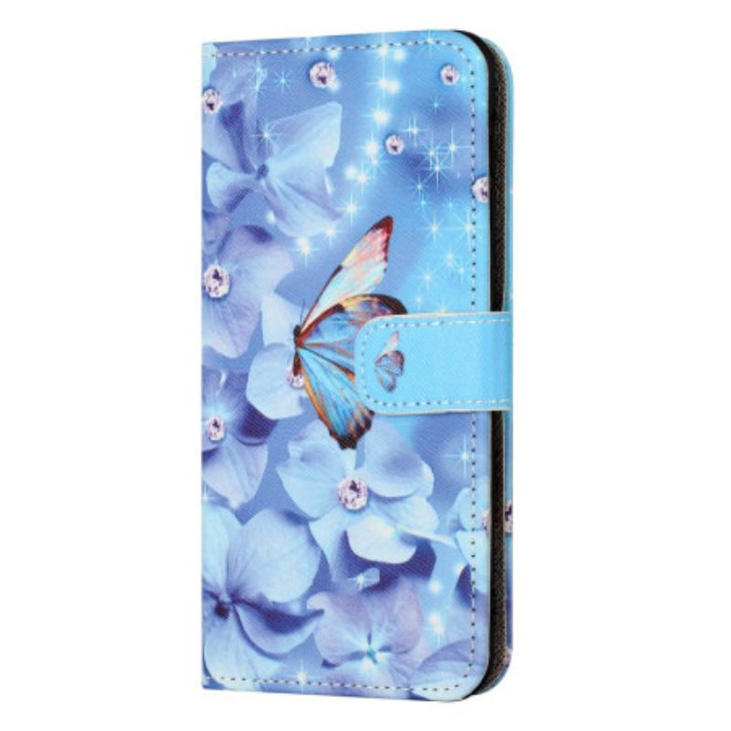 Bescherming Hoesje Xiaomi Redmi Note 13 4g Blauwe Bloemen En Vlinder Met Riempje