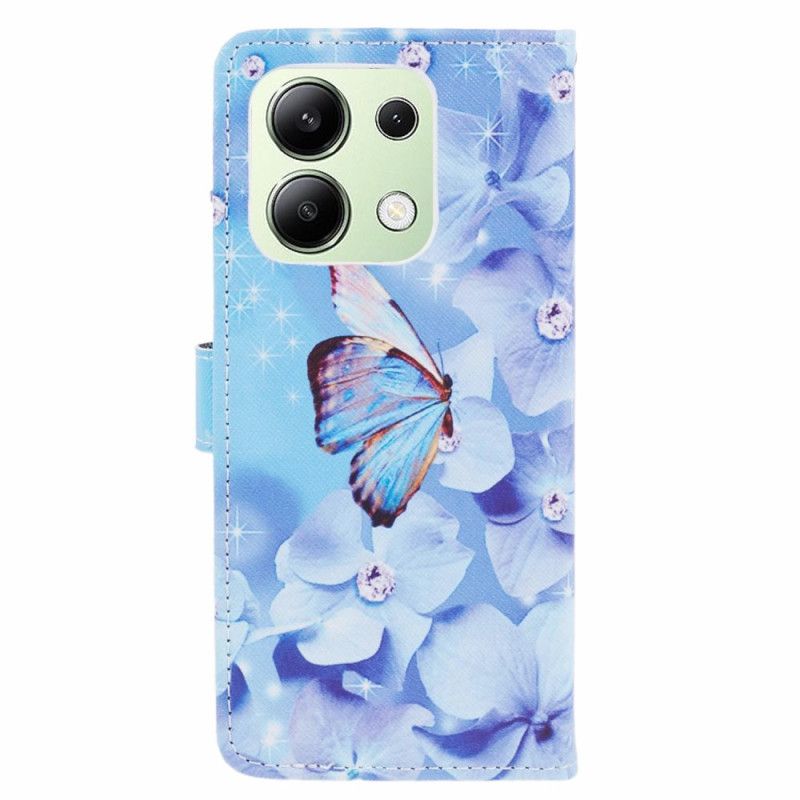 Bescherming Hoesje Xiaomi Redmi Note 13 4g Blauwe Bloemen En Vlinder Met Riempje