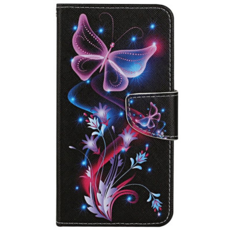 Folio-hoesje Xiaomi Redmi Note 13 4g Telefoonhoesje Fluorescerende Vlinders Met Riem