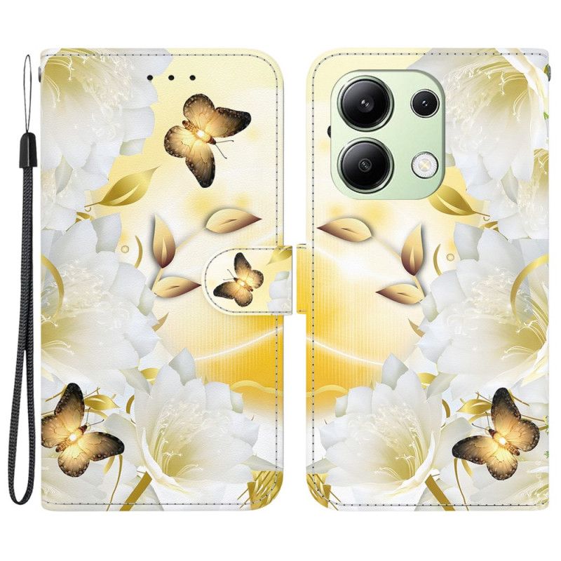 Folio-hoesje Xiaomi Redmi Note 13 4g Telefoonhoesje Gouden Vlinders En Witte Bloemen Met Riempje