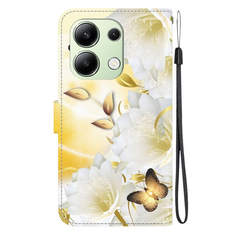 Folio-hoesje Xiaomi Redmi Note 13 4g Telefoonhoesje Gouden Vlinders En Witte Bloemen Met Riempje