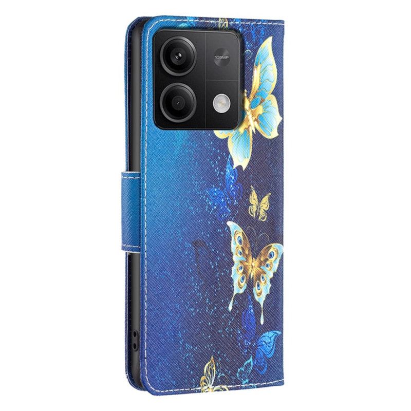 Folio-hoesje Xiaomi Redmi Note 13 4g Telefoonhoesje Gouden Vlinders Op Blauwe Achtergrond