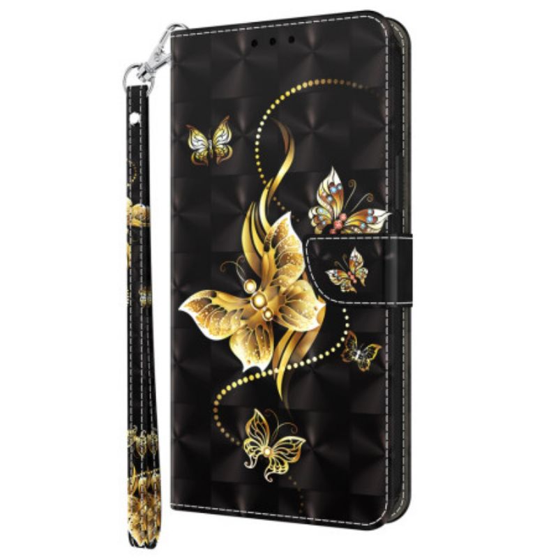 Leren Hoesje Xiaomi Redmi Note 13 4g Gouden Vlinders Met Riem Bescherming Hoesje