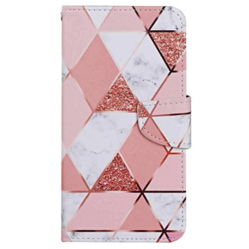 Leren Hoesje Xiaomi Redmi Note 13 4g Roze Marmeren En Gouden Band Bescherming Hoesje