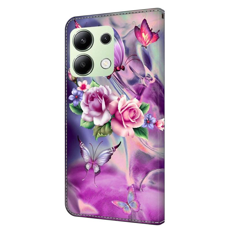 Leren Hoesje Xiaomi Redmi Note 13 4g Vlinders En Violette Bloemen Bescherming Hoesje