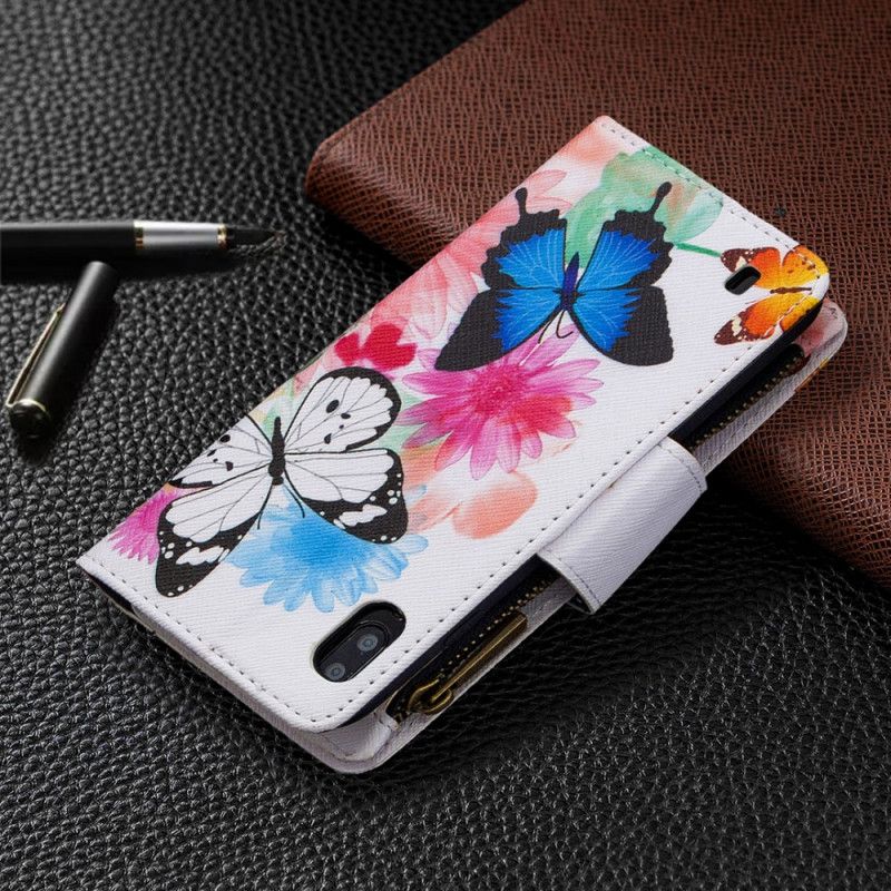 Flip Case Leren Samsung Galaxy A10 Donkerblauw Wit Vlinderzak Met Ritssluiting