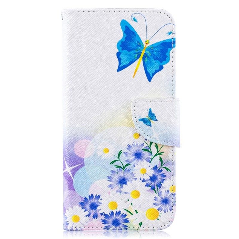 Flip Case Leren Samsung Galaxy A10 Lichtblauw Roze Geschilderde Vlinders En Bloemen