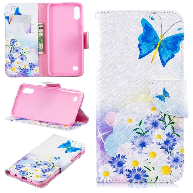 Flip Case Leren Samsung Galaxy A10 Lichtblauw Roze Geschilderde Vlinders En Bloemen