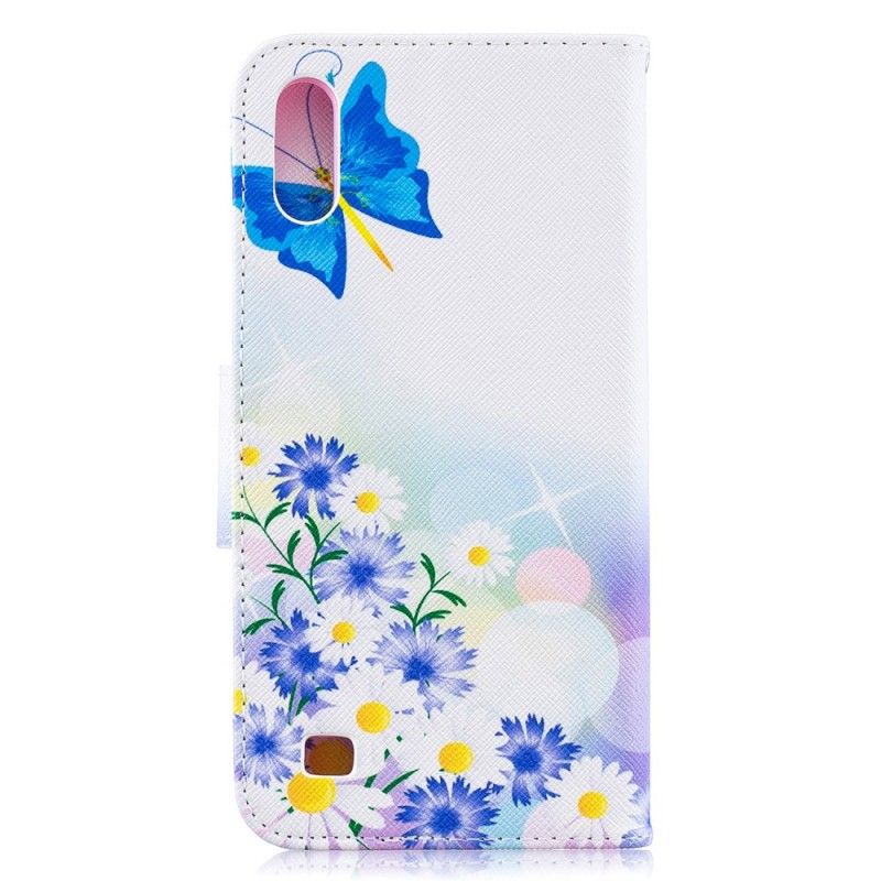 Flip Case Leren Samsung Galaxy A10 Lichtblauw Roze Geschilderde Vlinders En Bloemen