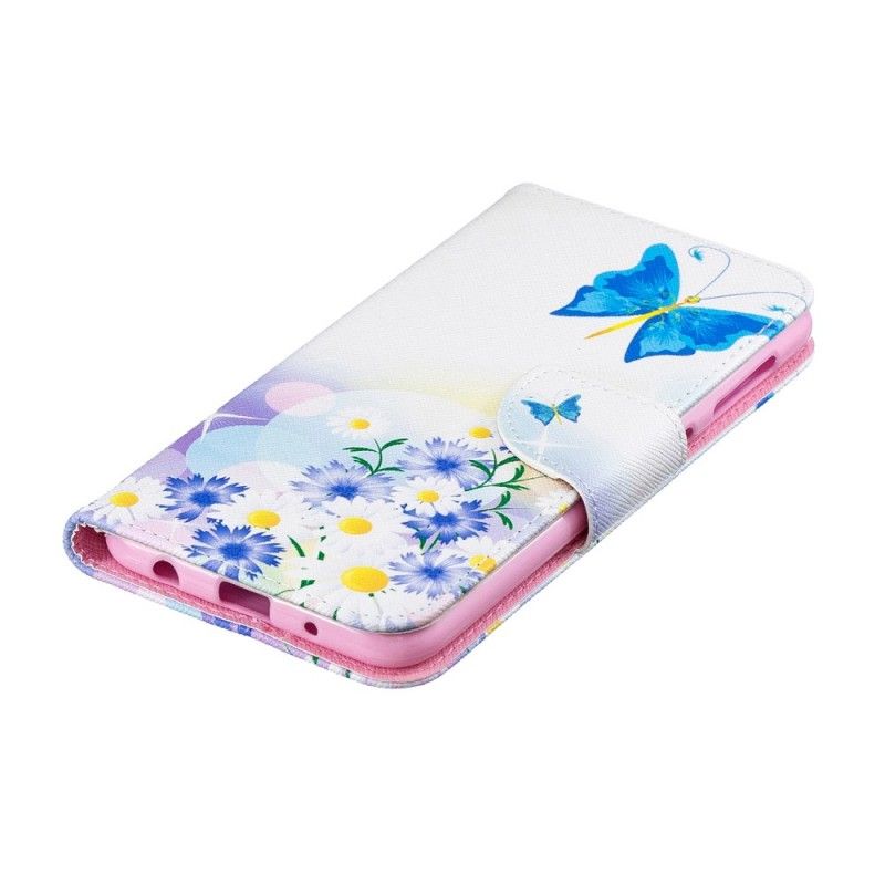 Flip Case Leren Samsung Galaxy A10 Lichtblauw Roze Geschilderde Vlinders En Bloemen