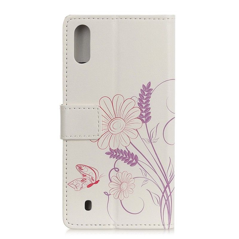 Leren Hoesje Samsung Galaxy A10 Telefoonhoesje Vlinders En Bloemen Tekenen