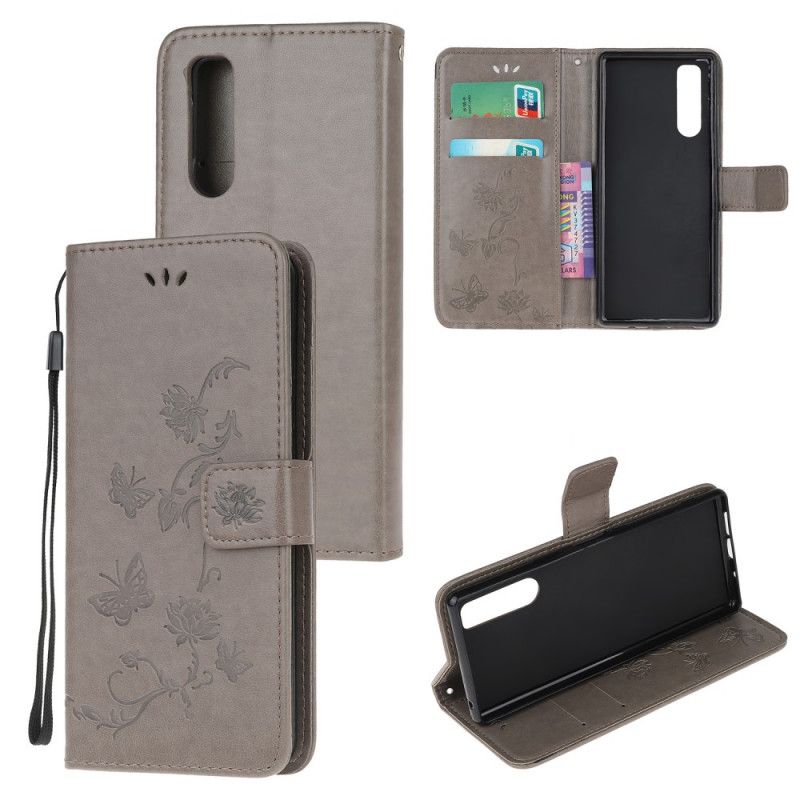 Flip Case Leren Sony Xperia 5 Lichtpaars Lichtblauw Vlinders En Stringbloemen