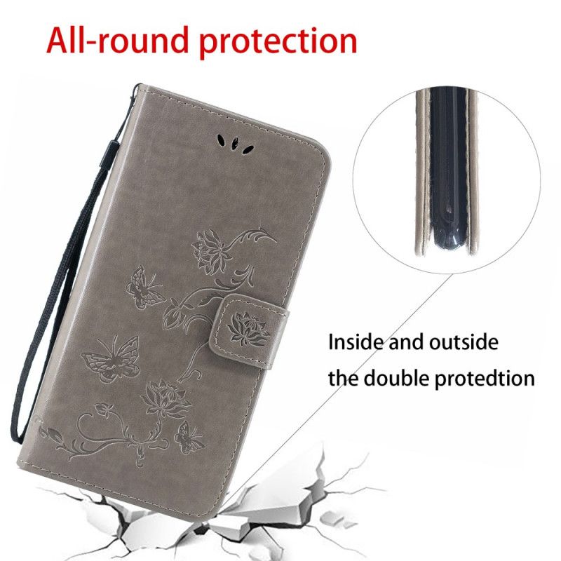 Flip Case Leren Sony Xperia 5 Lichtpaars Lichtblauw Vlinders En Stringbloemen