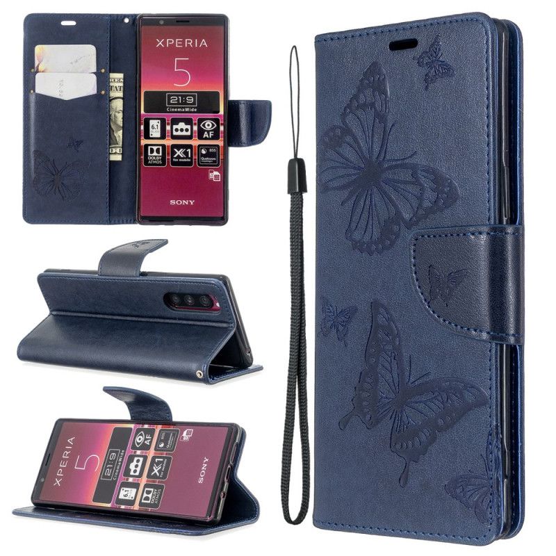 Leren Hoesje Sony Xperia 5 Donkerblauw Magenta Telefoonhoesje Bedrukte Vlinders Met String