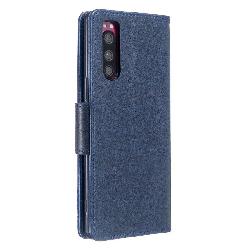 Leren Hoesje Sony Xperia 5 Donkerblauw Magenta Telefoonhoesje Bedrukte Vlinders Met String