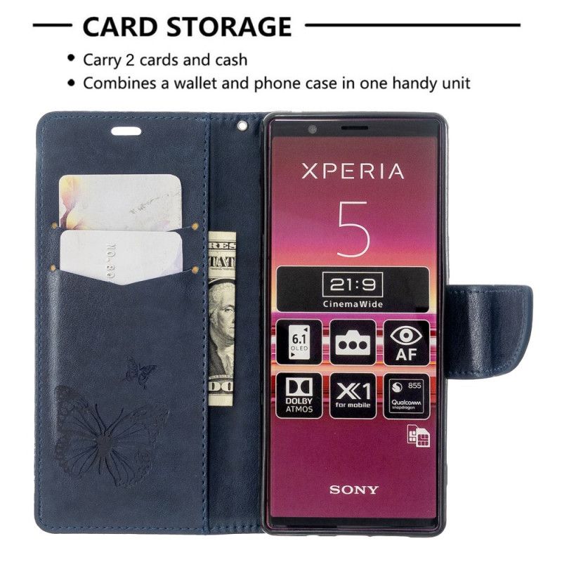 Leren Hoesje Sony Xperia 5 Donkerblauw Magenta Telefoonhoesje Bedrukte Vlinders Met String