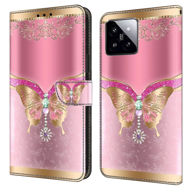 Folio-hoesje Xiaomi 14 Telefoonhoesje Goud-roze Vlinder