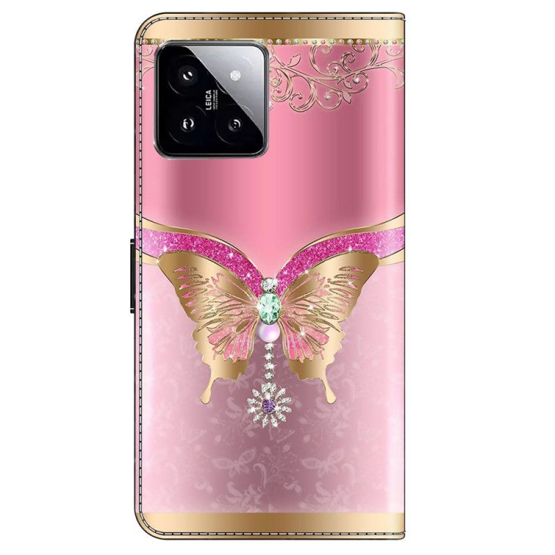 Folio-hoesje Xiaomi 14 Telefoonhoesje Goud-roze Vlinder