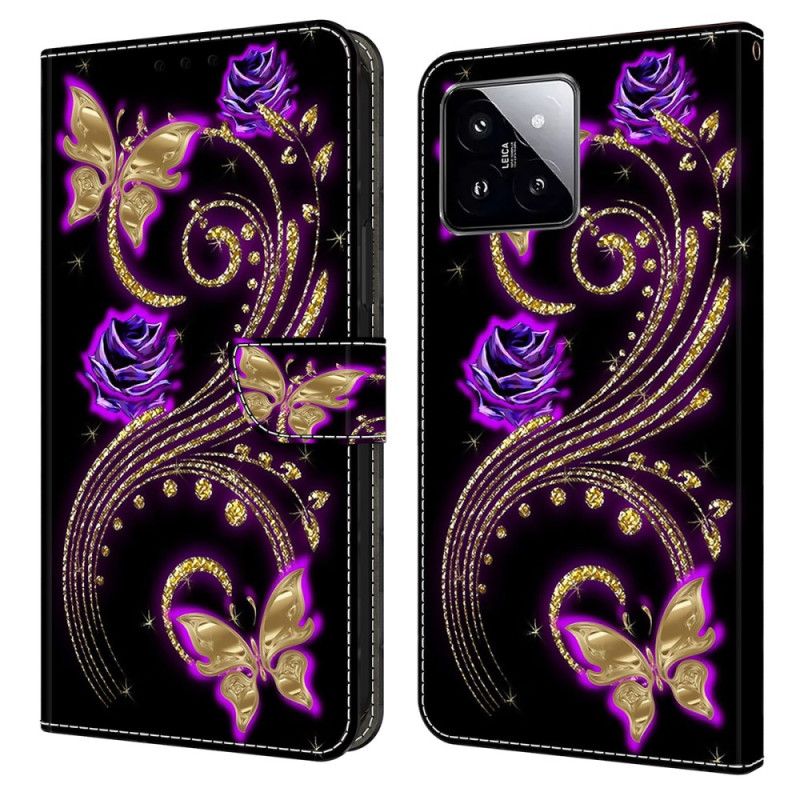 Folio-hoesje Xiaomi 14 Telefoonhoesje Paarse Bloemen En Vlinders