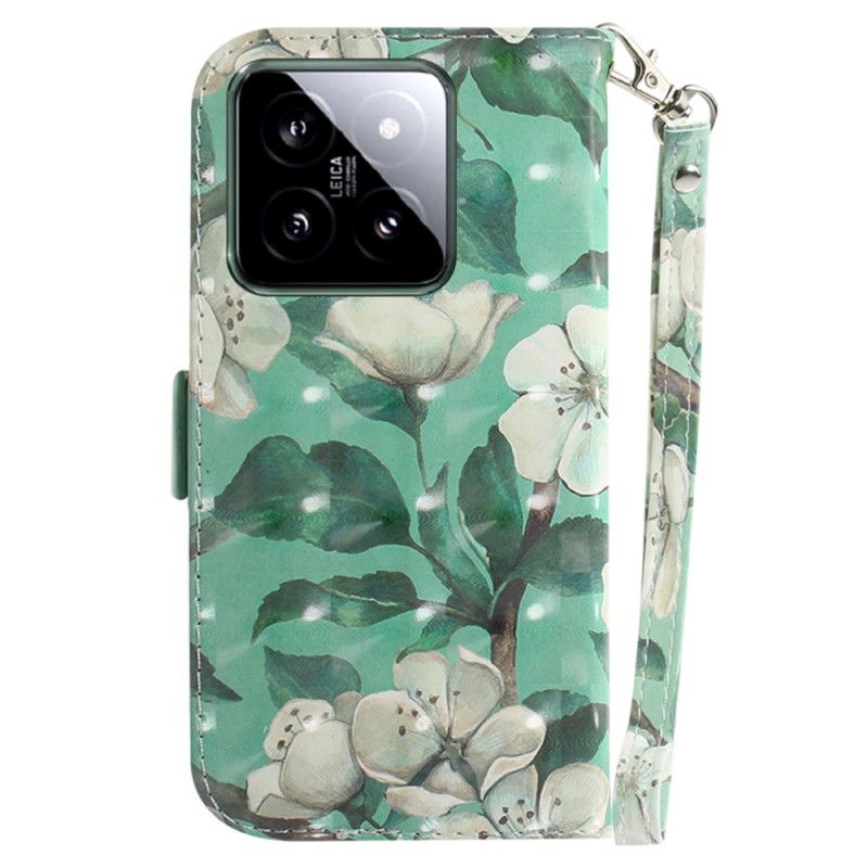 Leren Hoesje Xiaomi 14 Aquarelbloemen Met Riempje Bescherming Hoesje