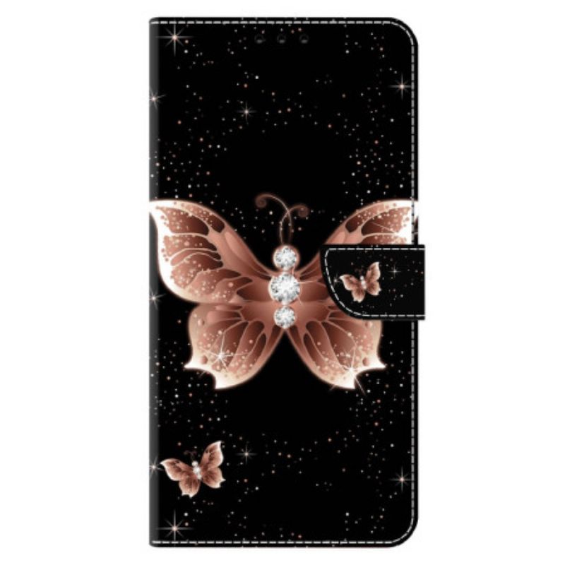 Leren Hoesje Xiaomi 14 Roze Diamanten Vlinder Bescherming Hoesje