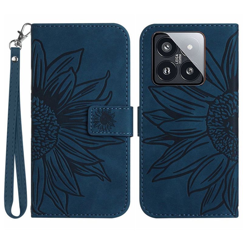 Leren Hoesje Xiaomi 14 Zonnebloem Met Riempje Bescherming Hoesje