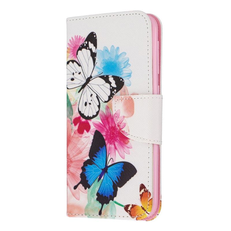 Cover Folio-hoesje Samsung Galaxy A10e Lichtblauw Magenta Telefoonhoesje Geschilderde Vlinders En Bloemen