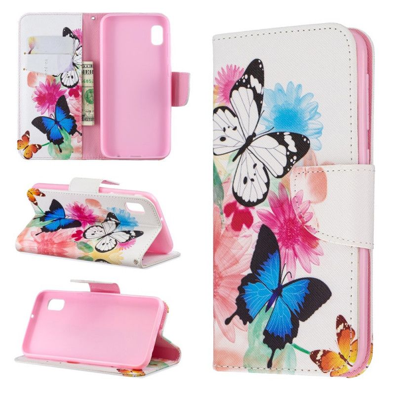 Cover Folio-hoesje Samsung Galaxy A10e Lichtblauw Magenta Telefoonhoesje Geschilderde Vlinders En Bloemen