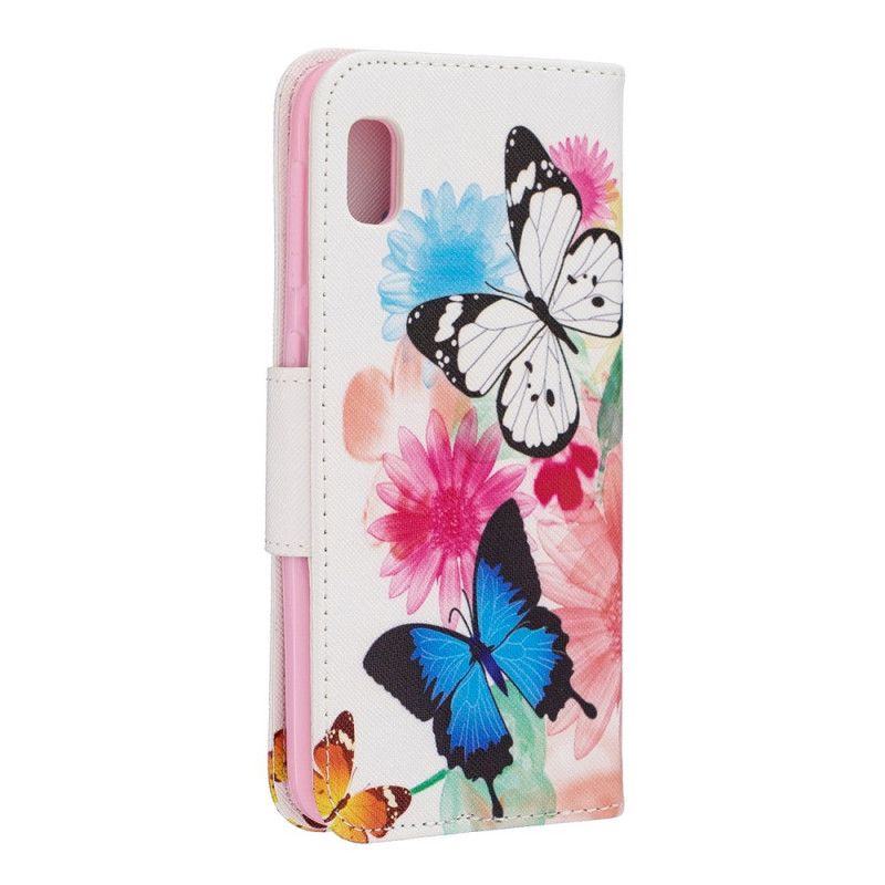 Cover Folio-hoesje Samsung Galaxy A10e Lichtblauw Magenta Telefoonhoesje Geschilderde Vlinders En Bloemen