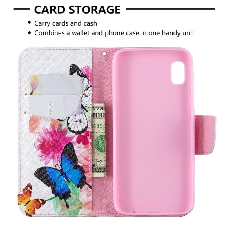 Cover Folio-hoesje Samsung Galaxy A10e Lichtblauw Magenta Telefoonhoesje Geschilderde Vlinders En Bloemen