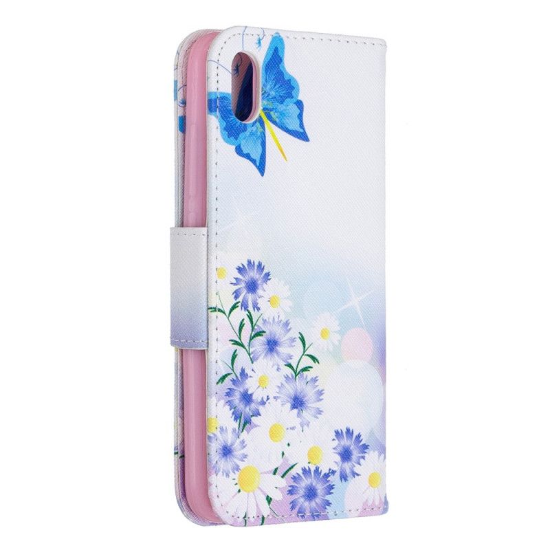 Leren Hoesje voor Xiaomi Redmi 7A Lichtblauw Roze Geschilderde Vlinders En Bloemen