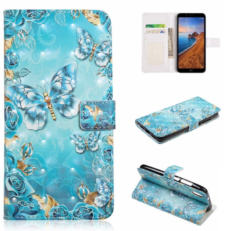 Leren Hoesje voor Xiaomi Redmi 7A Vlinders En Bloemen Op Een Blauwe Achtergrond