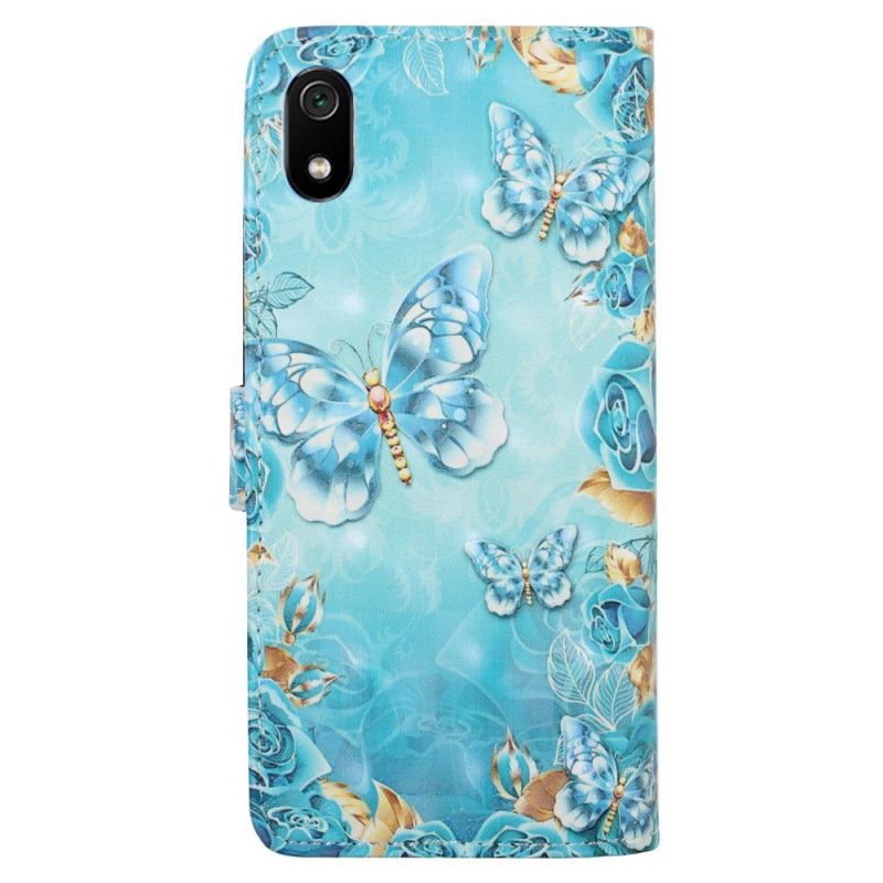 Leren Hoesje voor Xiaomi Redmi 7A Vlinders En Bloemen Op Een Blauwe Achtergrond