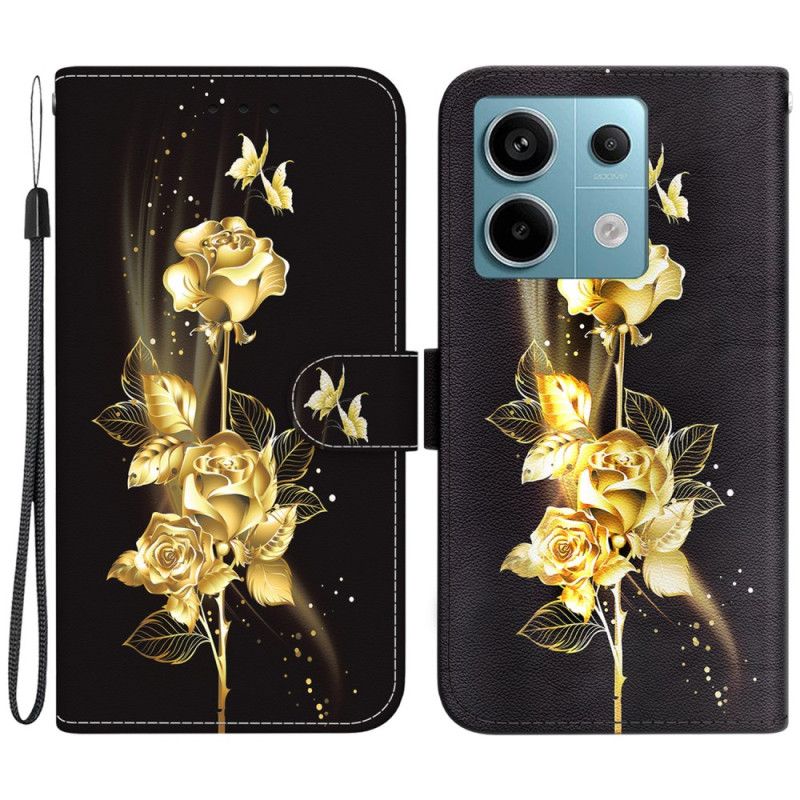 Flip Case Leren Xiaomi Redmi Note 13 Pro 5g Gouden En Roze Vlinders