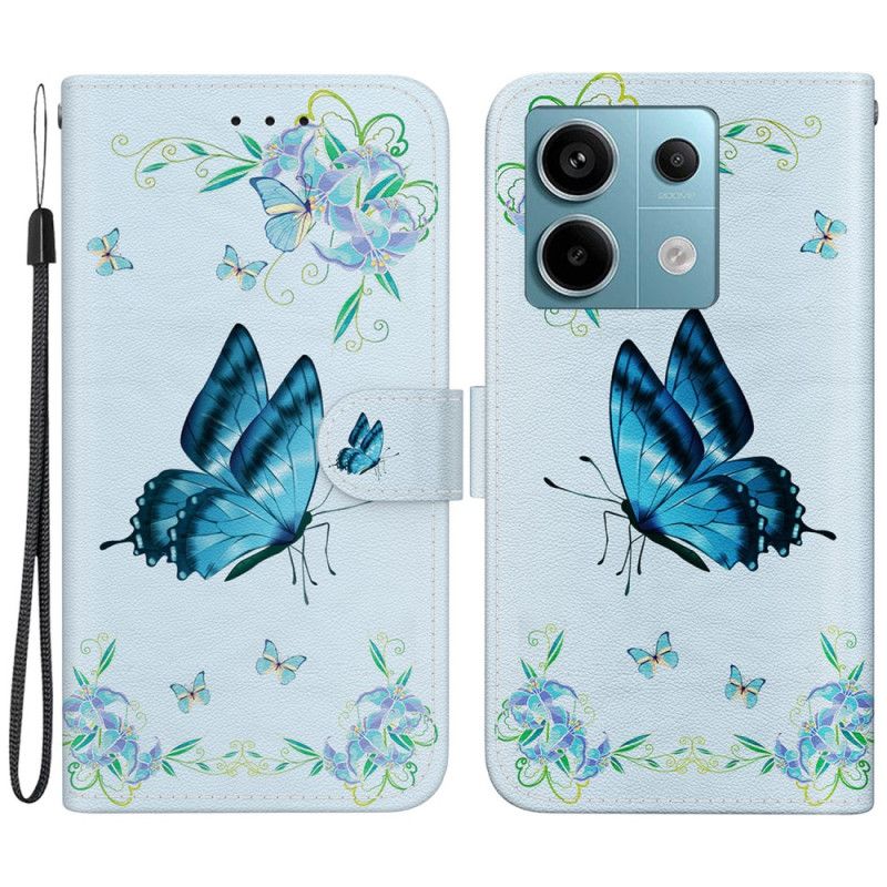 Leren Hoesje Xiaomi Redmi Note 13 Pro 5g Blauwe Vlinders En Bloemen Met Riempje Bescherming Hoesje