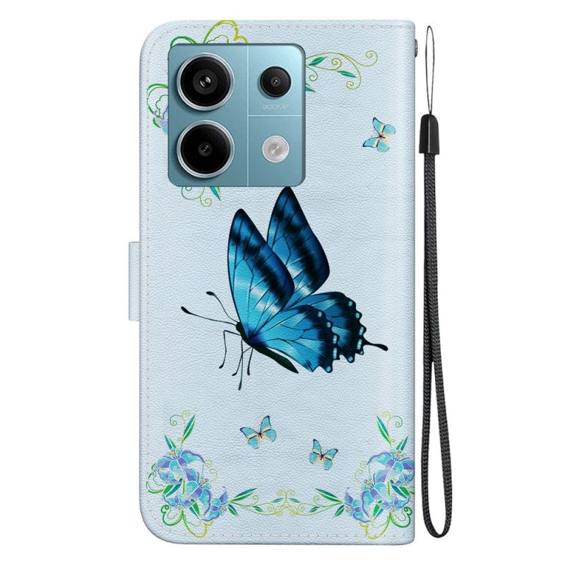 Leren Hoesje Xiaomi Redmi Note 13 Pro 5g Blauwe Vlinders En Bloemen Met Riempje Bescherming Hoesje