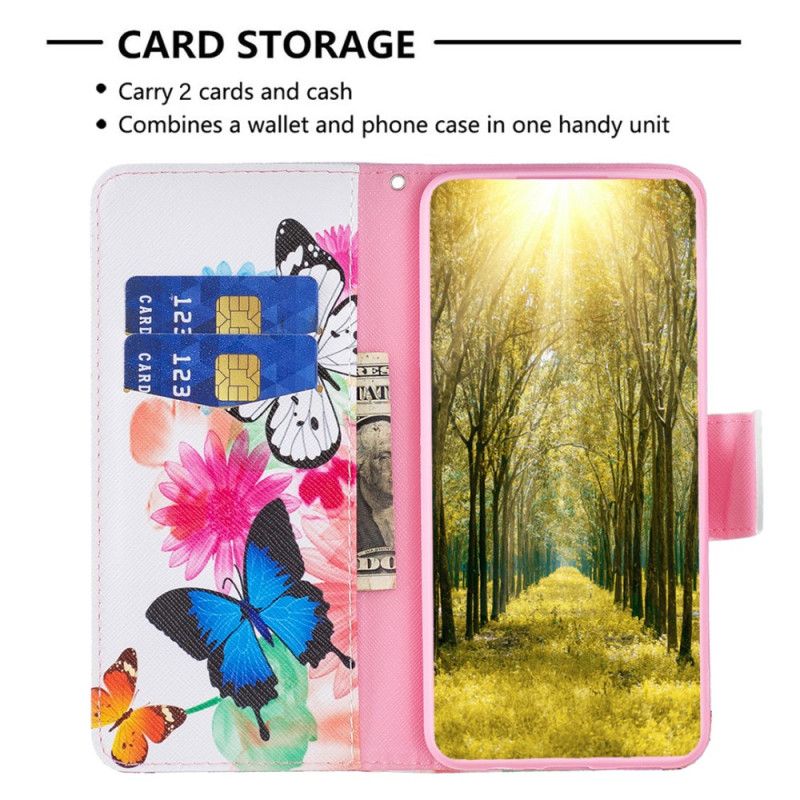 Leren Hoesje Xiaomi Redmi Note 13 Pro 5g Twee Aquarelvlinders Bescherming Hoesje