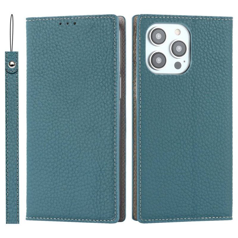 Bescherming Hoesje voor iPhone 14 Pro Met Ketting Folio-hoesje Echte Litchi Lederen Band