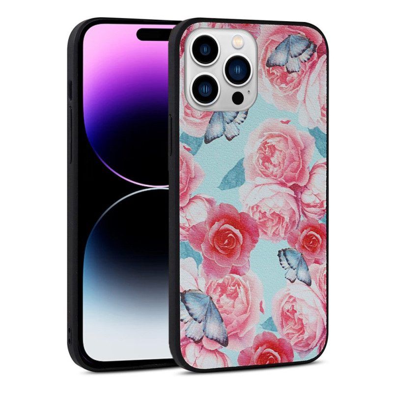 Hoesje voor iPhone 14 Pro Kunstleer Bloemen