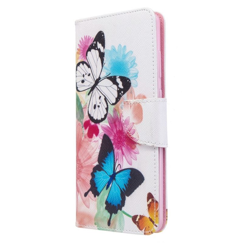 Cover Folio-hoesje Samsung Galaxy S20 Plus / S20 Plus 5G Lichtblauw Magenta Telefoonhoesje Geschilderde Vlinders En Bloemen