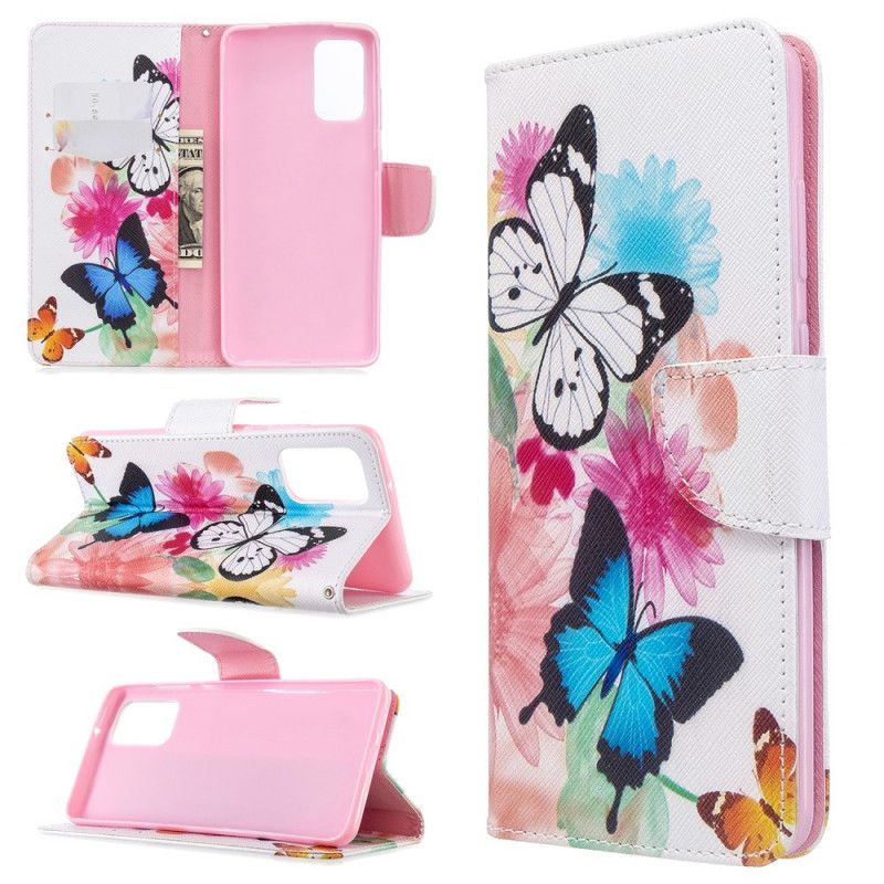 Cover Folio-hoesje Samsung Galaxy S20 Plus / S20 Plus 5G Lichtblauw Magenta Telefoonhoesje Geschilderde Vlinders En Bloemen