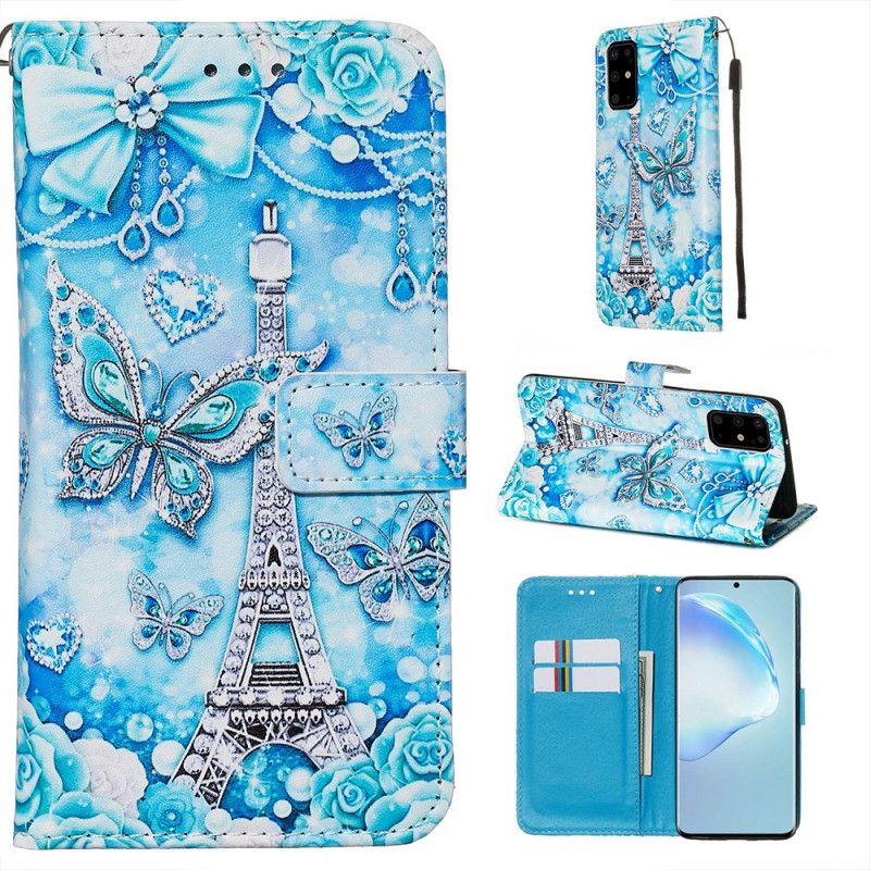 Cover Folio-hoesje Samsung Galaxy S20 Plus / S20 Plus 5G Telefoonhoesje Eiffeltoren Vlinders Met Riem