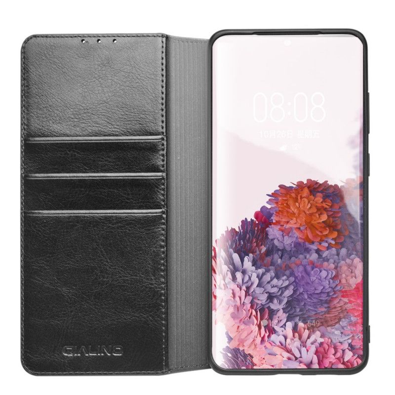 Folio-hoesje voor Samsung Galaxy S20 Plus / S20 Plus 5G Donkerbruin Zwart Qialino Echt Leer