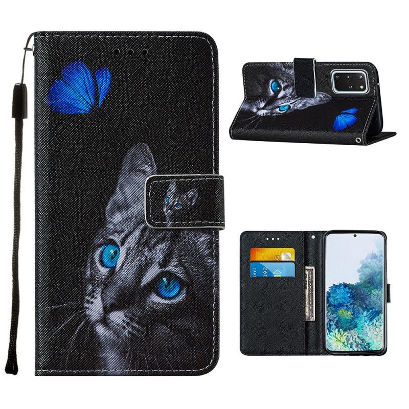 Leren Hoesje Samsung Galaxy S20 Plus / S20 Plus 5G Kat En Blauwe Vlinder