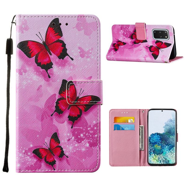 Leren Hoesje Samsung Galaxy S20 Plus / S20 Plus 5G Paars Magenta Vlinders Van Gestructureerd Imitatieleer