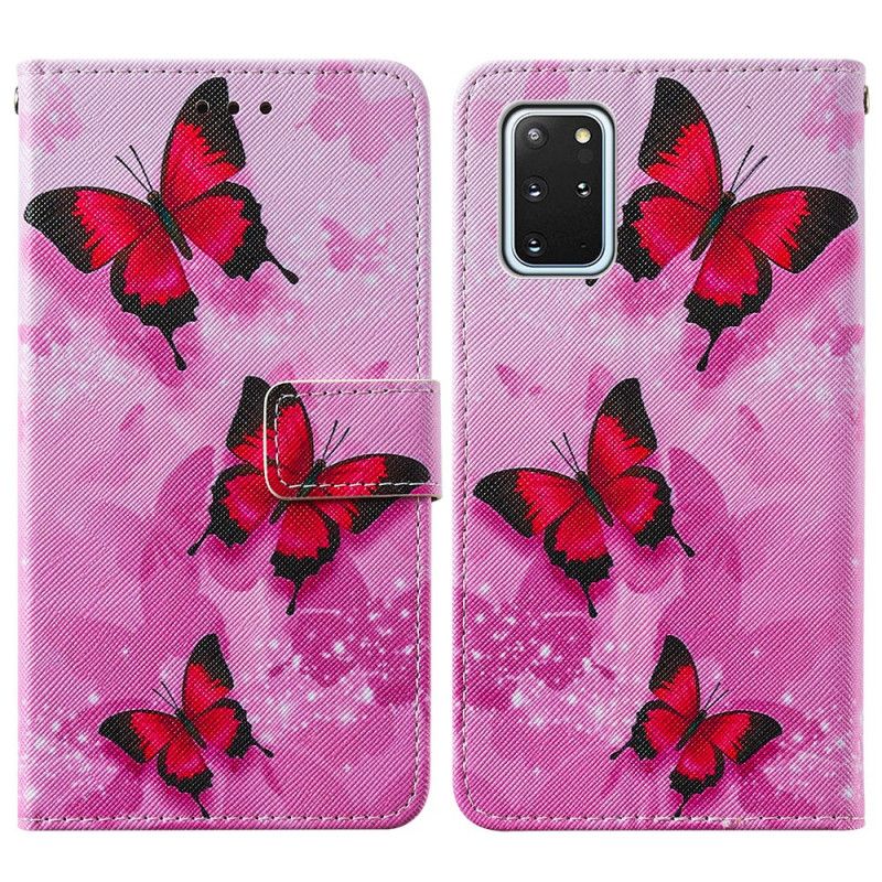 Leren Hoesje Samsung Galaxy S20 Plus / S20 Plus 5G Paars Magenta Vlinders Van Gestructureerd Imitatieleer