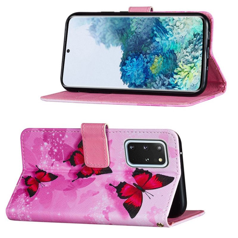 Leren Hoesje Samsung Galaxy S20 Plus / S20 Plus 5G Paars Magenta Vlinders Van Gestructureerd Imitatieleer