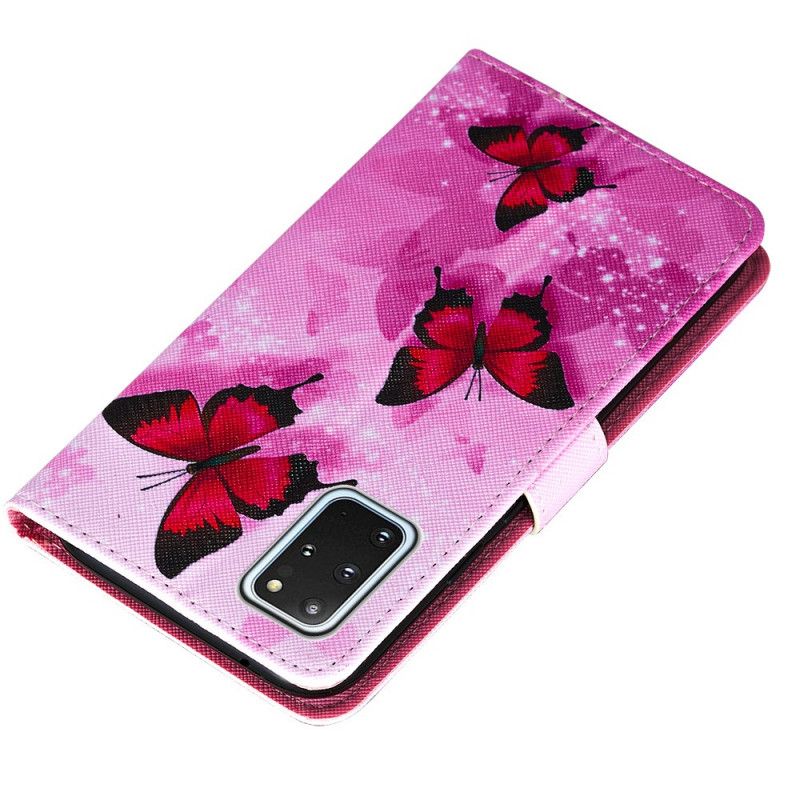 Leren Hoesje Samsung Galaxy S20 Plus / S20 Plus 5G Paars Magenta Vlinders Van Gestructureerd Imitatieleer